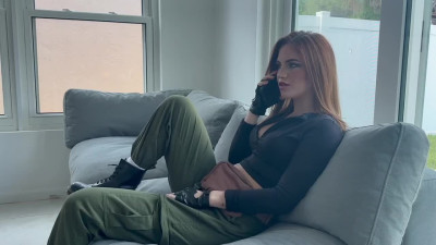 Tattooed Redhead in military outfit get fucked from behind while calling her husband