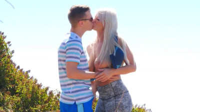 Lonely busty lady publicly exchanges oral sex under the bright sun.