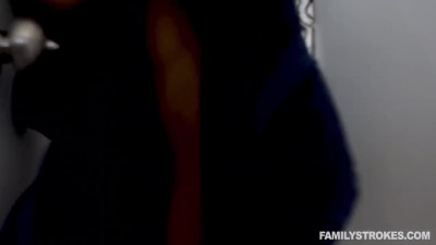 Lad Fucks His Slim Beautiful Ebony Step-sis & Cums On Her Face Right Behind His Dad's Back