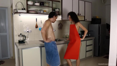 Passionate curly brunette given quality homemade fuck in the kitchen