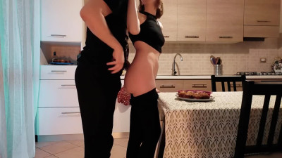 Perverted Italian couple Vin and Jess hot Kitchen fuck until cumming on babe's cute face