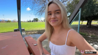 Petite teen gave a blowjob in the park and got fucked back home pov