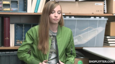 Blonde skinny thief bends over the desk for security guard