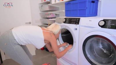 Stuck In Washing Machine, Curvy Busty Blonde MILF Lets a Neighbor Fuck & Creampie Her Ass To Get Free