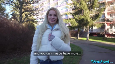 Blonde slut is ready to publicly satisfy a stranger's penis for money.