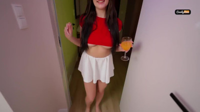 Hot brunette roommate Candy Love with huge spread her legs to get some creampie