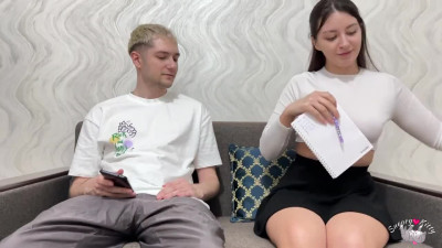 Adorable teen brunette asked her stepbrother to help her with homework and  made him handjob in return
