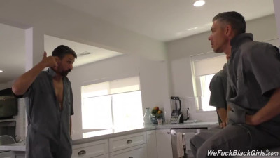 Sexy Ebony September Reign banged with white hunks in the kitchen