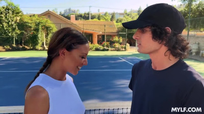 Fit and busty tennis instructor rides his dick