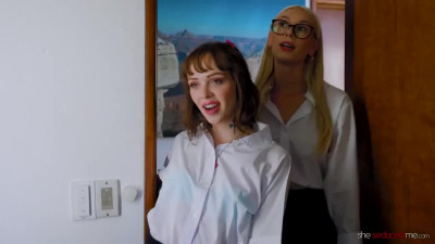 College babes Aliya Brynn x Eliza Eves x Kay Lovely in hat threesome fuck after classes with strapon