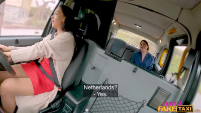 Smashing chicks play nasty lesbian games on the back seat of fake taxi