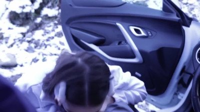Young cutie with perfect tits has sex with her boyfriend in his car and outside in winter
