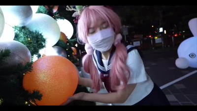Boyfriend fucks a cute pink-haired schoolgirl after Christms