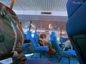 A wild couple tease each other during a public cruise trip