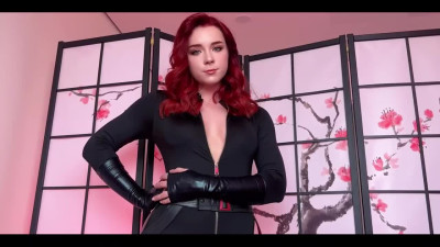 Busty Black Widow blows and rides tied up guy pov
