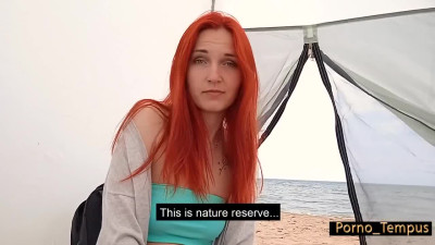 Slim redhead fucked in the tent on the beach to not pay a fine pov