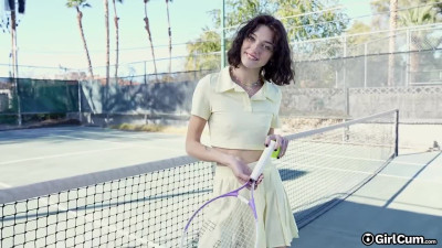 Sexy Shrooms Q has sex rest during tennis lessons with her big cock coach