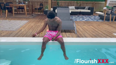Fat ebony slut with braids and tattoos has wild sex with a muscular dude by the pool