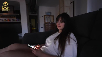 Hot brunette blows and rides him while watching football