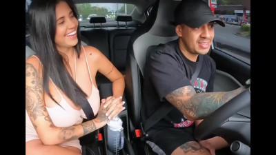 Busty latina does an amazing blowjob to a guy while he's driving