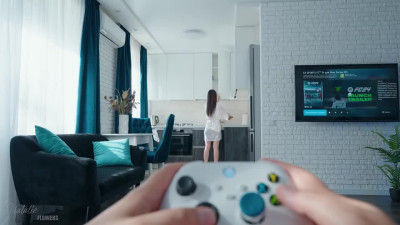 Small titted MILF wants her stepson to stop playing video games and finally eat her pussy