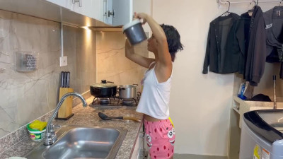 Teeny short hair beauty wanted to cook, but her boyfriend decided to fuck her in the kitchen