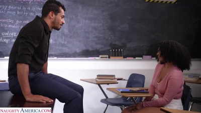 Sexy ebony Hadiya Honey is fucking with her teacher Alex Jones on his desk