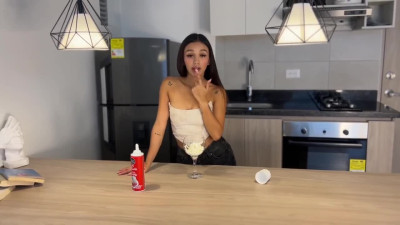 Skinny babe enjoys sex and lubricates a strong penis with cream for a delicious blowjob.