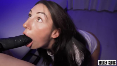 A kinky couple fucks hard a skinny brunette with a dick and strap on during a wild threesome