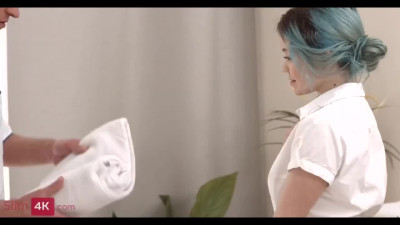 Warmed-up With a Pussy Massage & Cunni, a Tiny Slim Blue-haired Cutie Lets the Masseur Fuck Her Hard