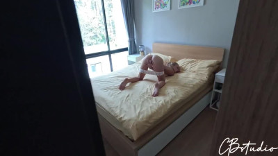 Russian slut was caught masturbating by her jock stepfather