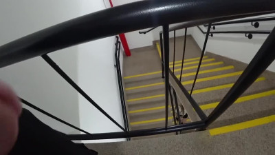 Slim Blonde Cutie Catches a Stranger Wanking On the Staircase & Helps Him Cum With a Nice Handjob