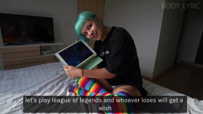 Blue haired teen lost the game match and now she ows her stepbro a fuck