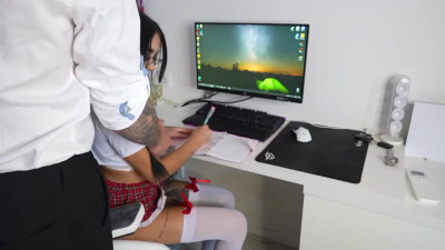 Fucking hot POV blowjob from a busty Latin student in a miniskirt.