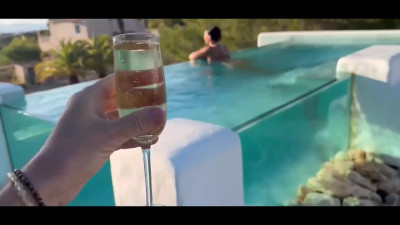 Cute brunette masturbates in the backyard and blows neighbor after
