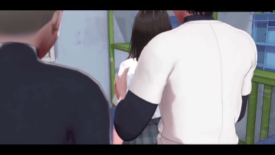 A few guys fuck busty teen girl in public restroom hentai