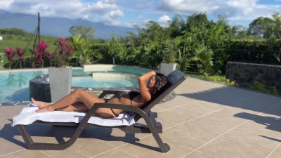 Breathtaking fit brunette with a perfect body teases her lover and then gets nailed outdoor by the pool
