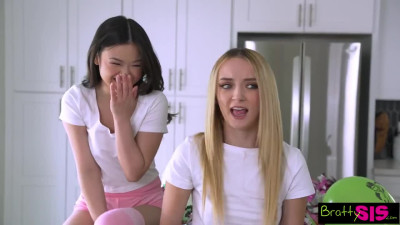 Petite Asian and blonde stepsisters can't get enough of my cock!