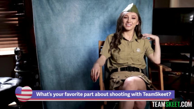 Army girl fucks army stud after posing in classy vintage outfits