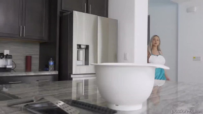 Gorgeous and busty blonde started masturbating right in the kitchen and then she gets fucked by her lusty lover