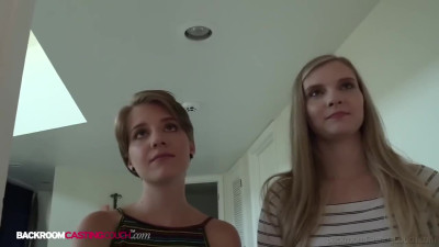 Two tiny teens are fucking each other pussies using toys and a cameraman's cock at the casting