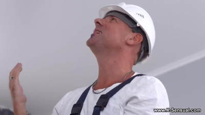 Lusty Slim Brunette Entices 2 Construction Workers Into Hot 3-some With DP & Gets Fed With 2 Loads