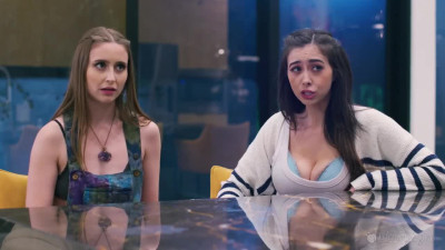 Couple of young lesbians give a busty MILF an unforgettable threesome on the couch.