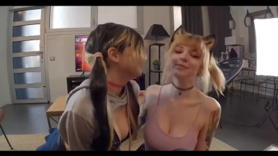 Big titted friends play in front of him before riding him POV