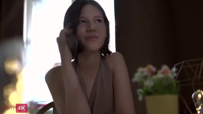 Pretty brunette is fucking with two elictricians in a dp threesome