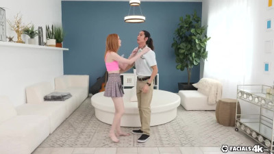 Tiny redhead Scarlett Skies is heping her bf by fucking with him and his boss