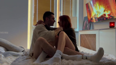 Sensual couple sex by the fireplace