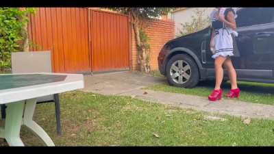 Poor Latina babe doesn't want to be filmed while I fuck her holes on the backyard