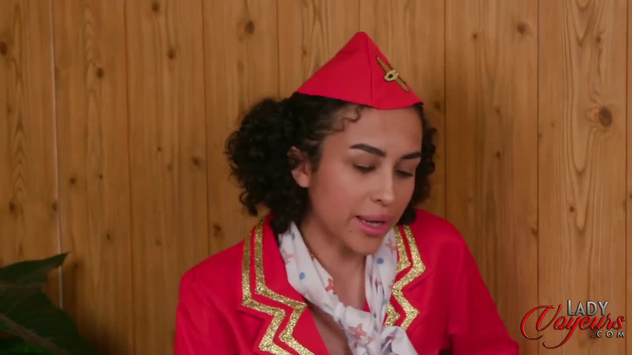 Watch Curly-haired stewardess satisfies her fetish by watching a mature stud bring her cock to orgasm. Full. Duration: 04:57 | ePornBabe.