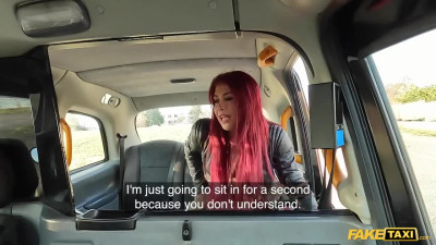 Busty redhead Atlanta Moreno is getting her pussy fucked on the fake taxi's back seat